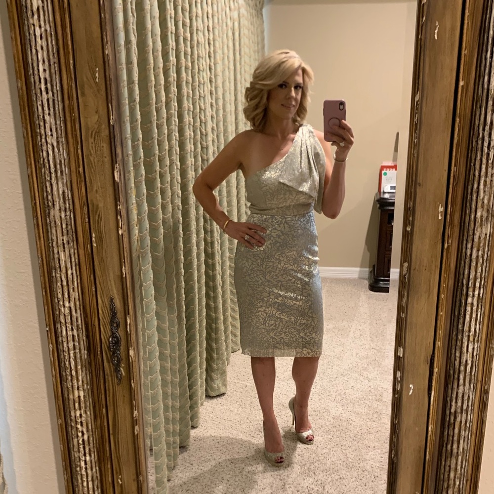Betsy & Adam one shoulder shimmer dress